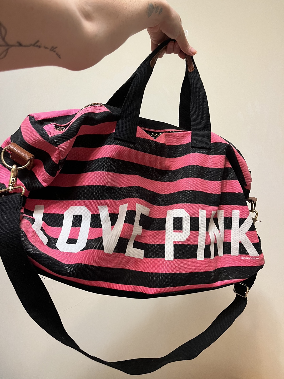 Pink Striped Duffle Bag