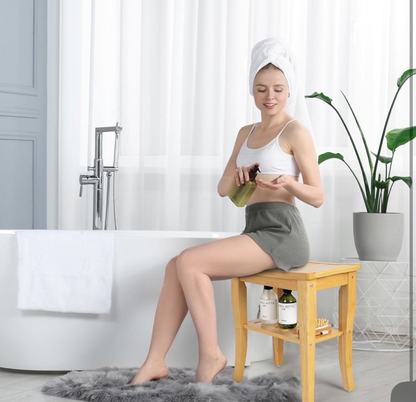 Bamboo Bathroom Shower Bench Stool with Shelf - photo 4