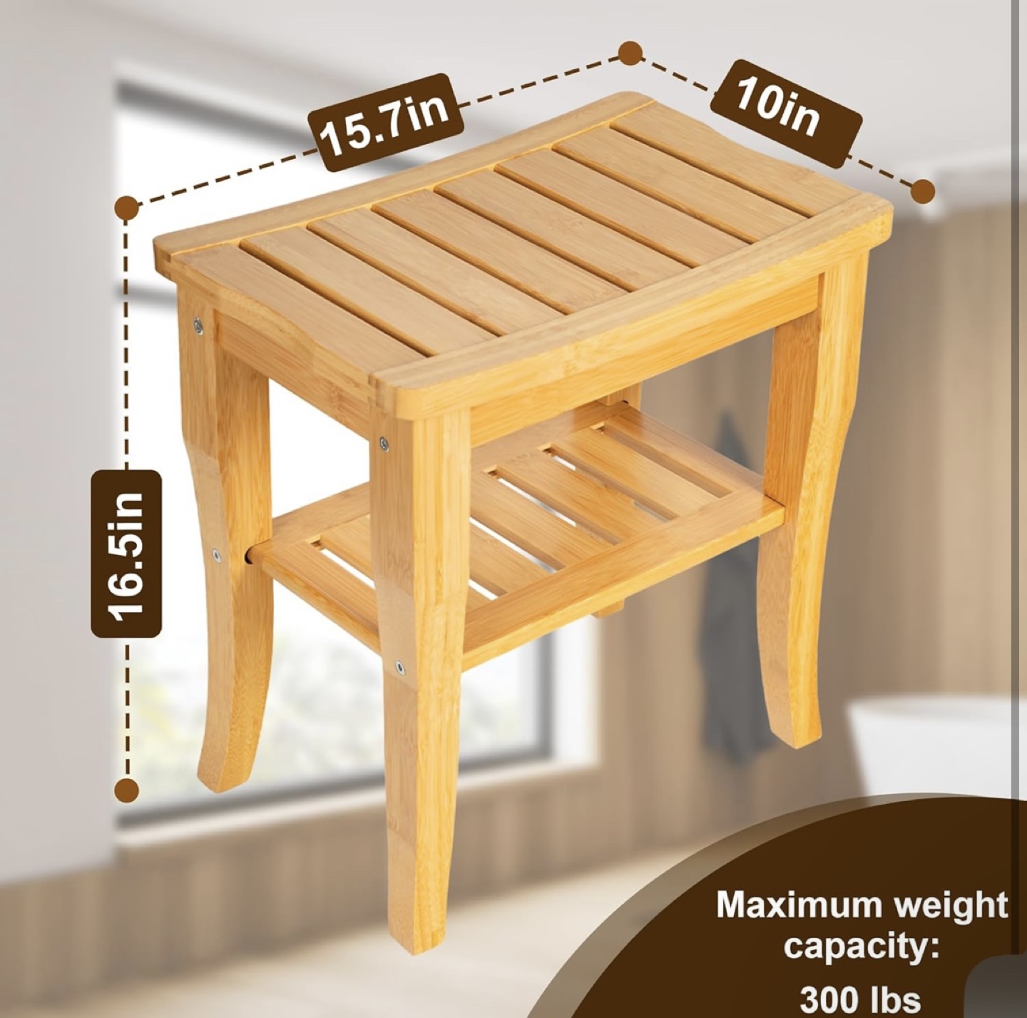 Bamboo Bathroom Shower Bench Stool with Shelf - photo 5