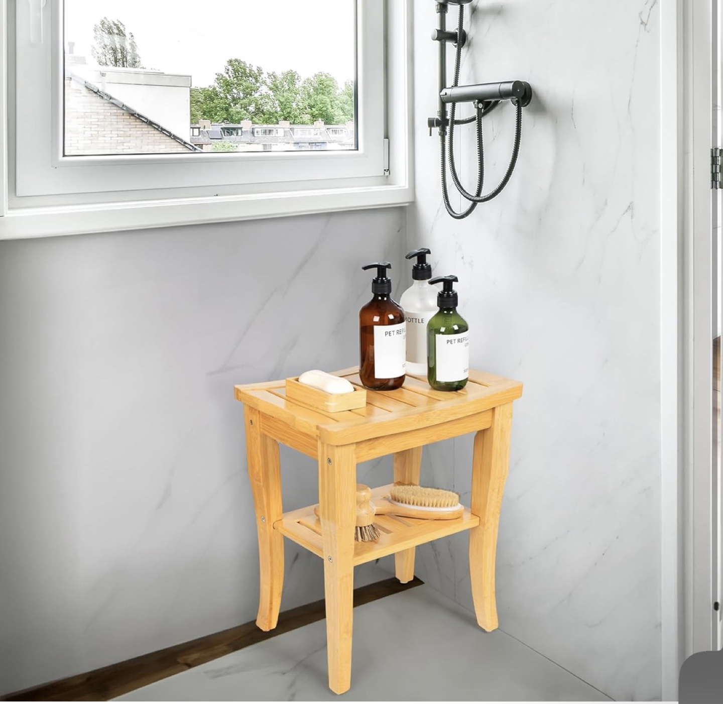 Bamboo Bathroom Shower Bench Stool with Shelf - photo 3