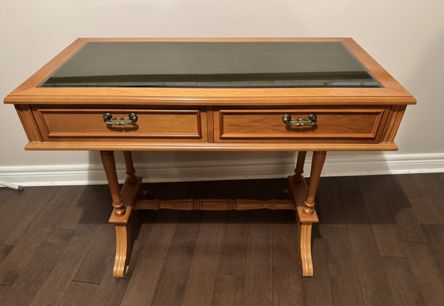 Wooden Table with Glass Top and Drawers