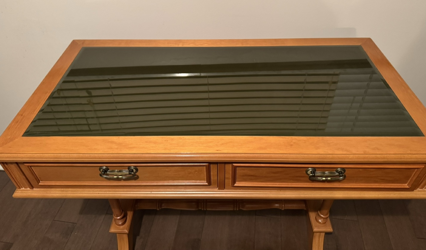 Wooden Table with Glass Top and Drawers - photo 3