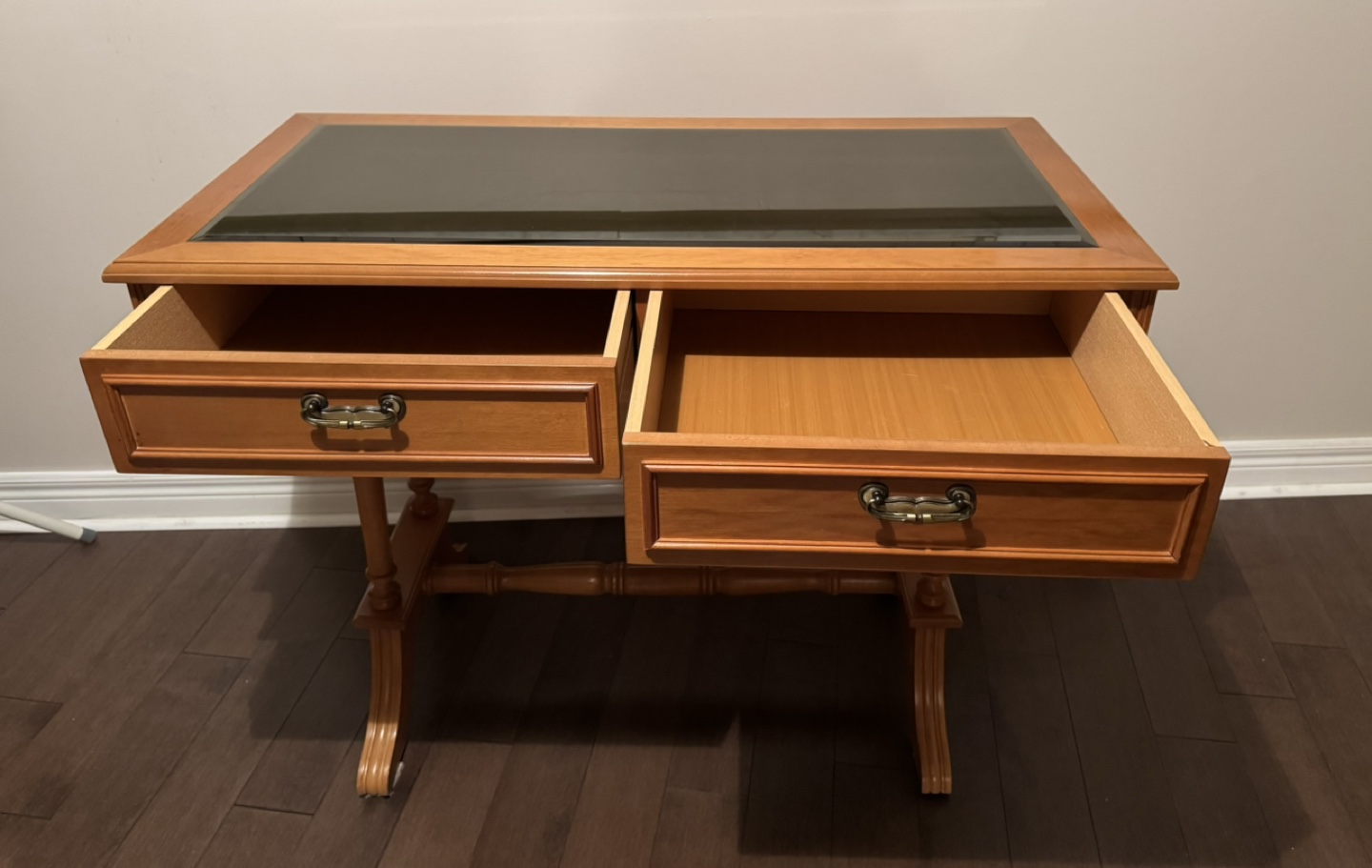 Wooden Table with Glass Top and Drawers - photo 2