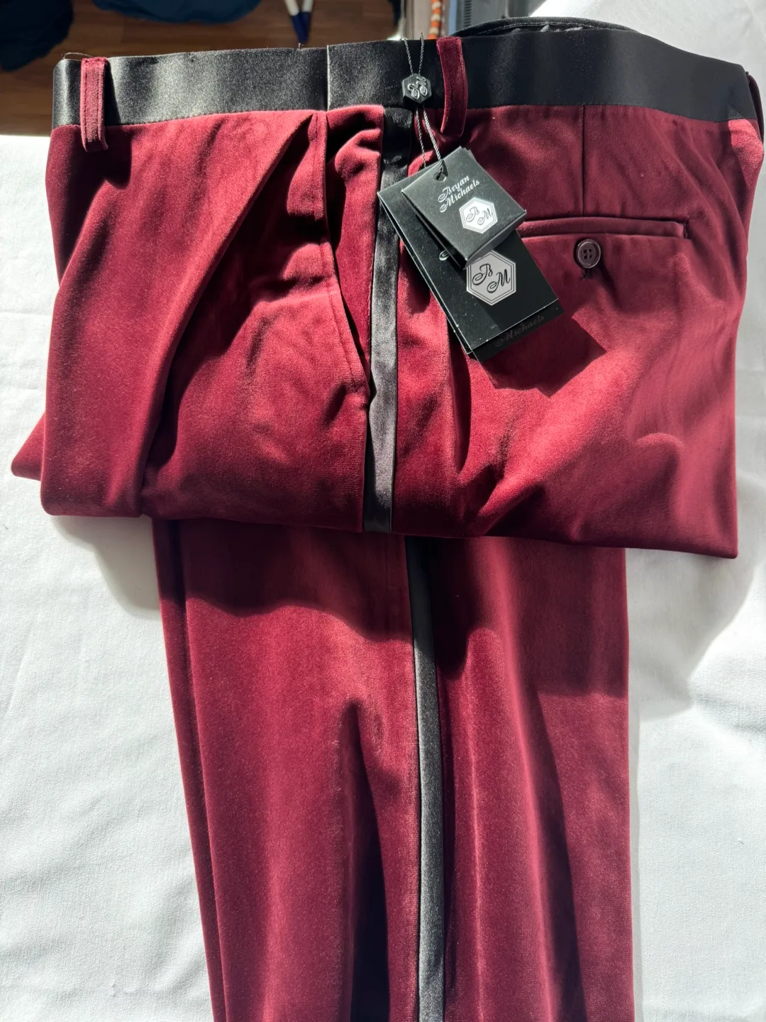 New Bryan Michaels Red Velvet Tuxedo Dress Pants image indicator(3)