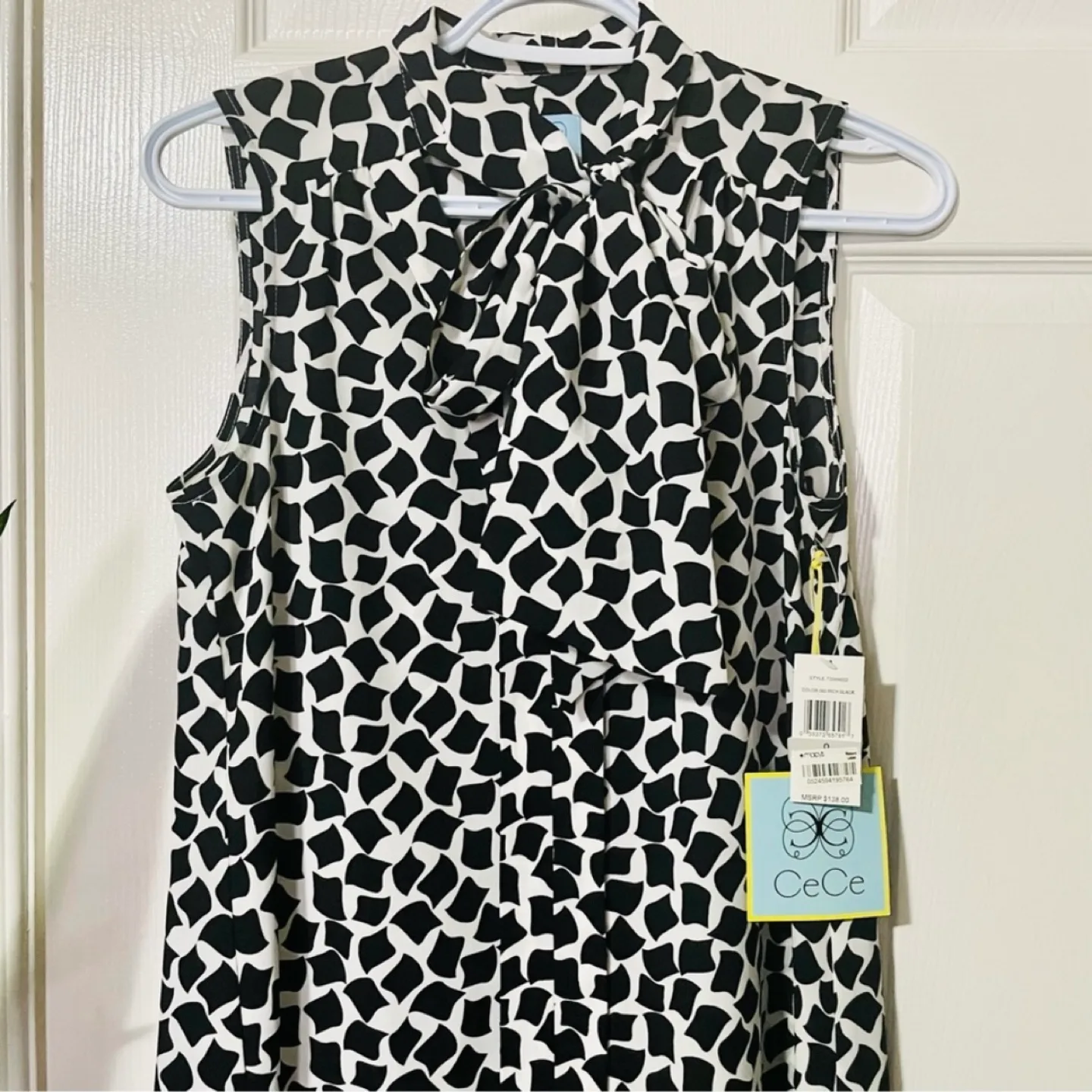 CeCe A-Line Shift Dress White w/Black Patterns with Tie Neck image indicator(3)