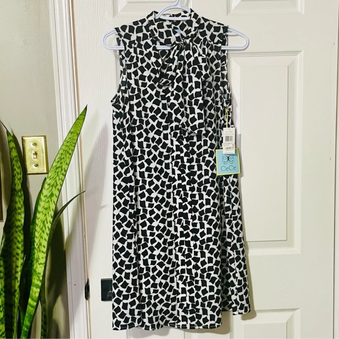 CeCe A-Line Shift Dress White w/Black Patterns with Tie Neck image indicator(2)