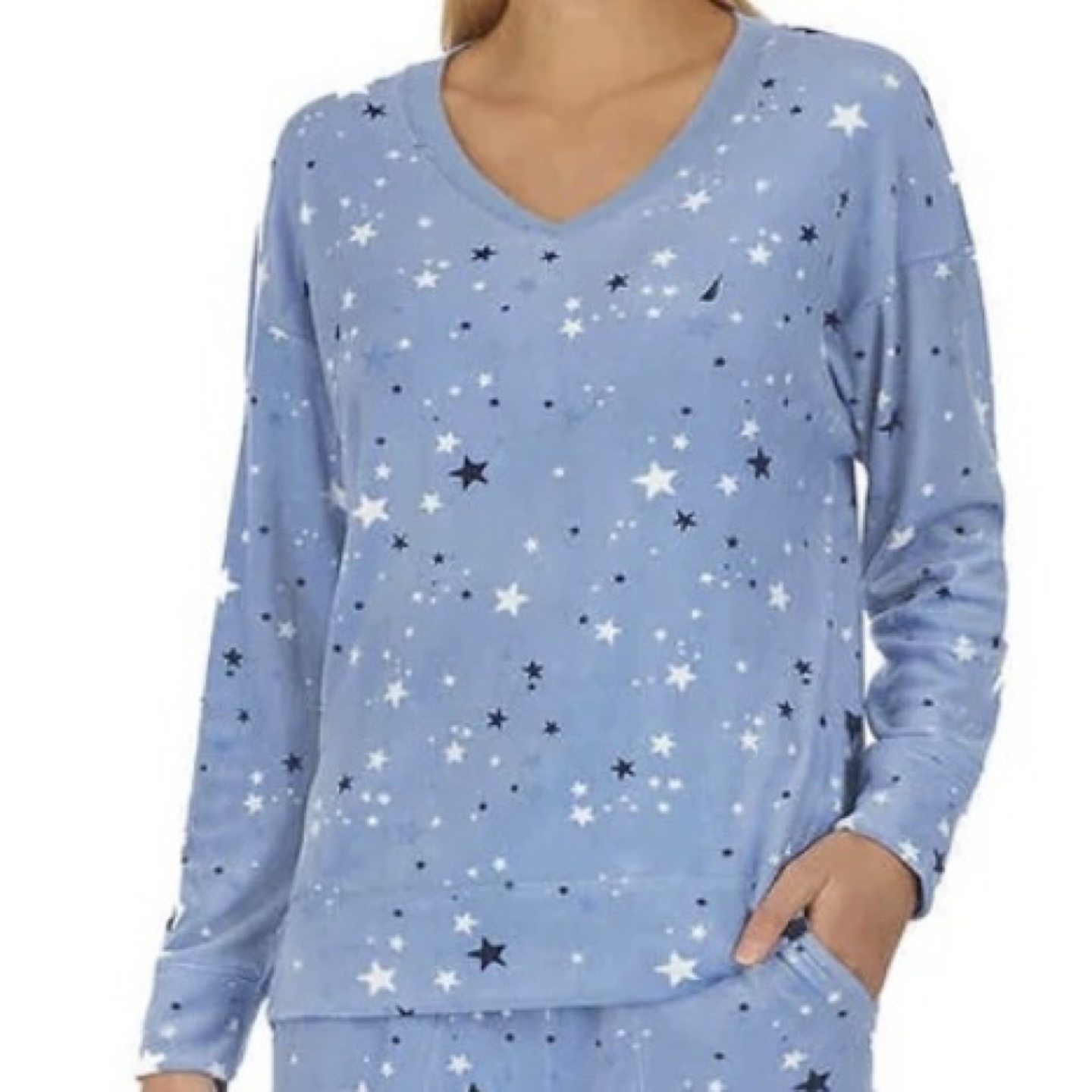 Nautica Silky Stretch Fleece Long Sleeve V Neck Top Stars Size M