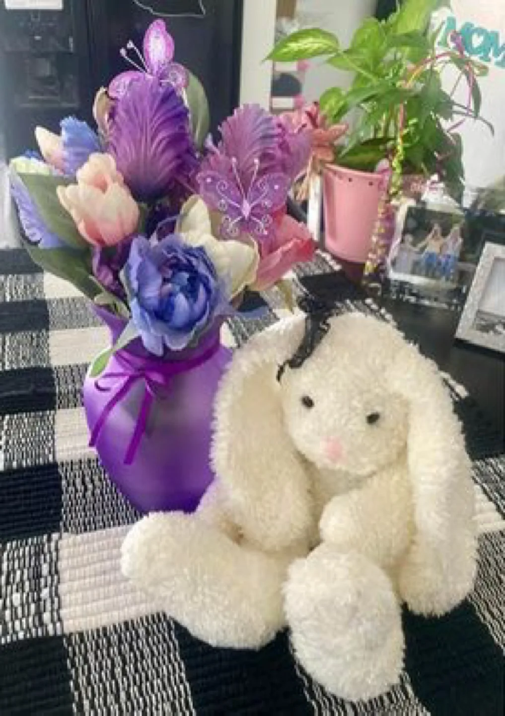 Purple Vase with Artificial Flowers & White Bunny image indicator(4)