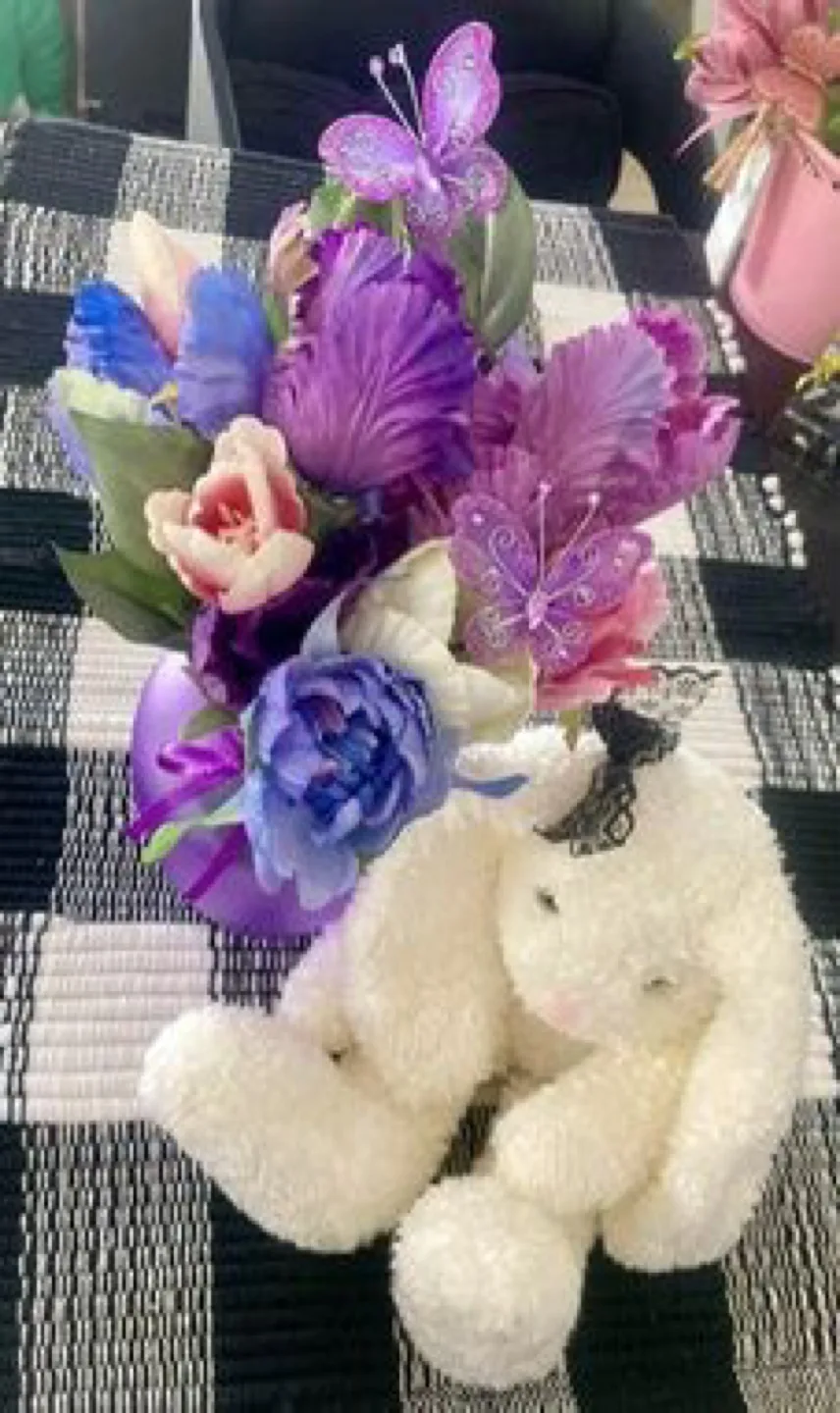 Purple Vase with Artificial Flowers & White Bunny image indicator(5)