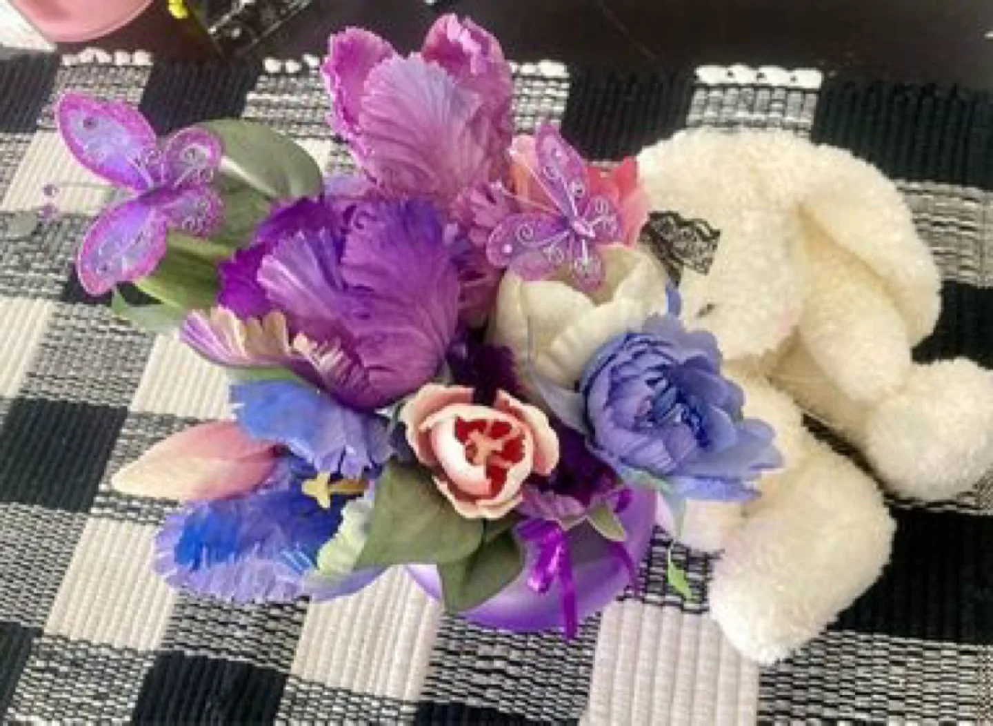 Purple Vase with Artificial Flowers & White Bunny image indicator(3)