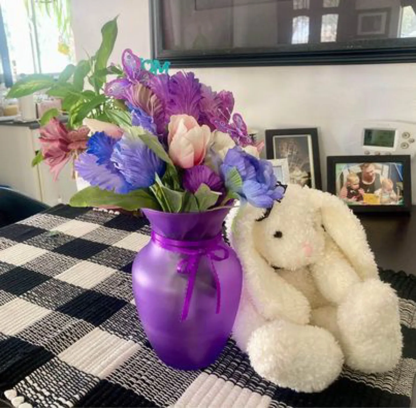 Purple Vase with Artificial Flowers & White Bunny image indicator(2)