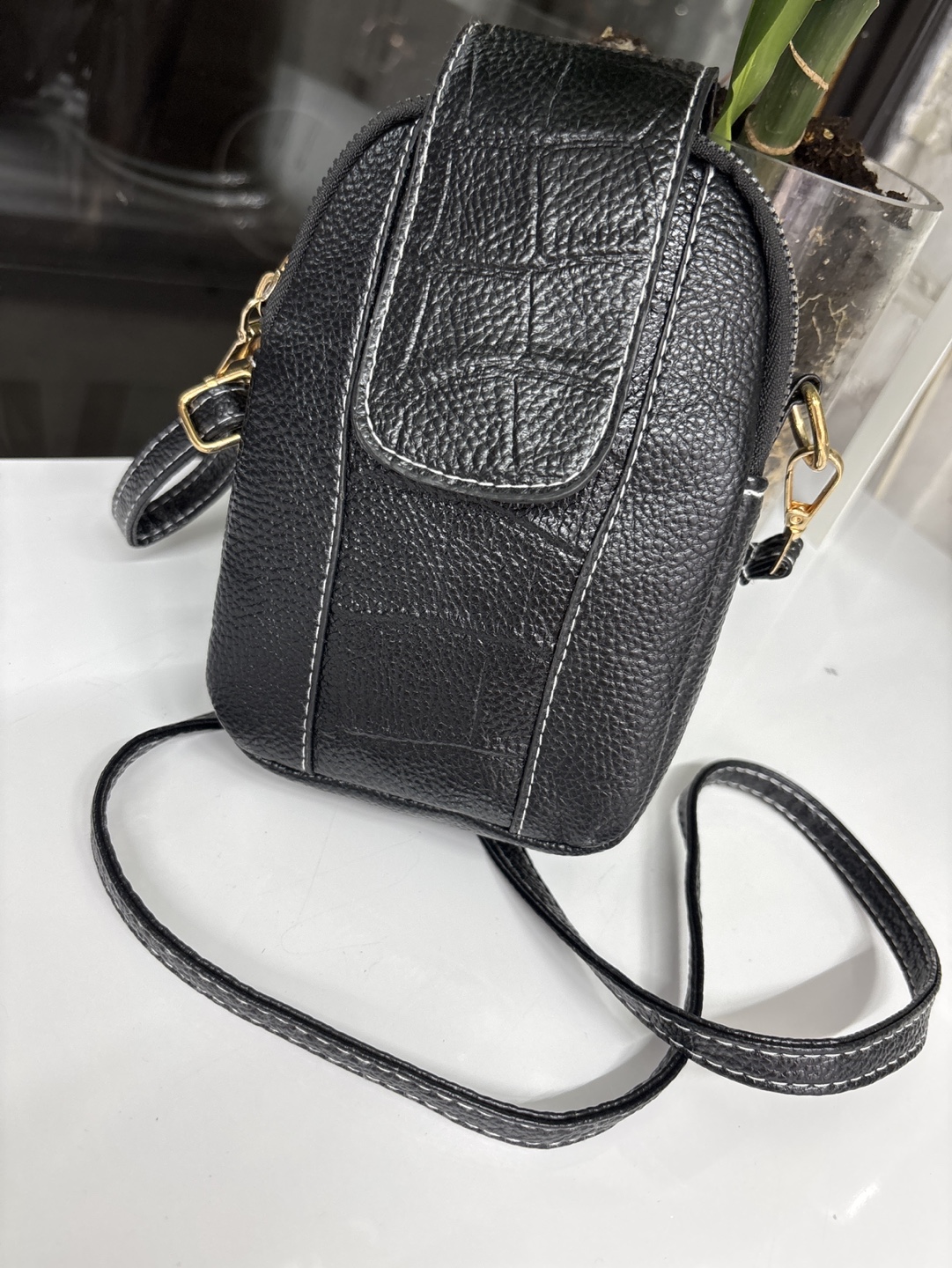 Black Leather Crossbody Phone Bag
