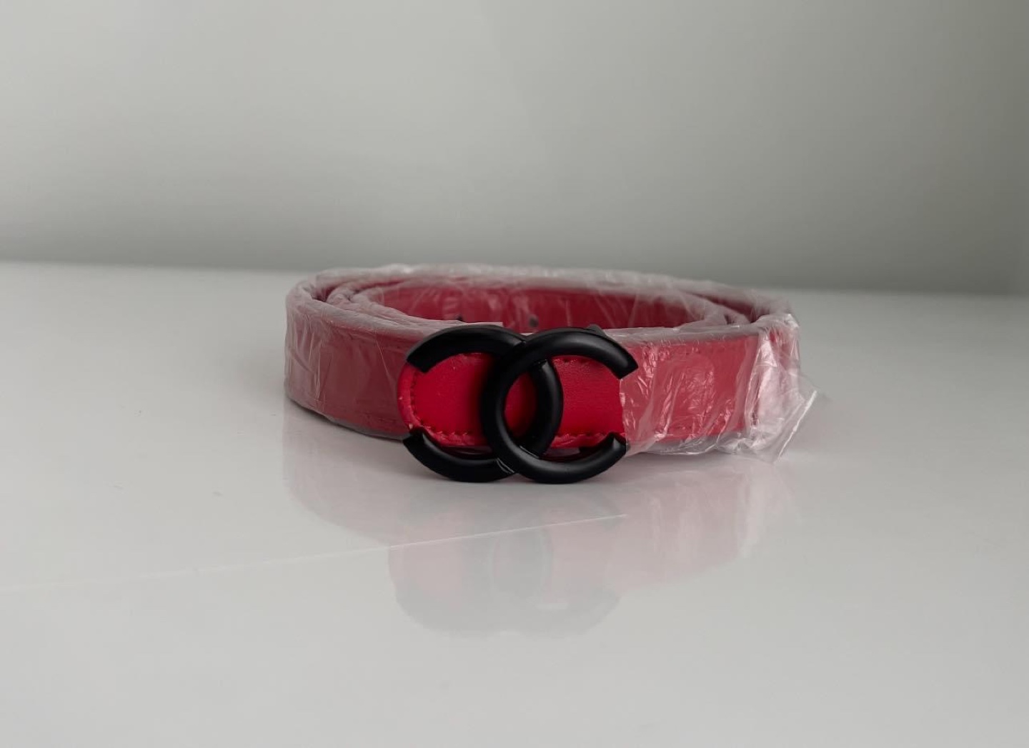 Red Leather Belt with Black CC Buckle