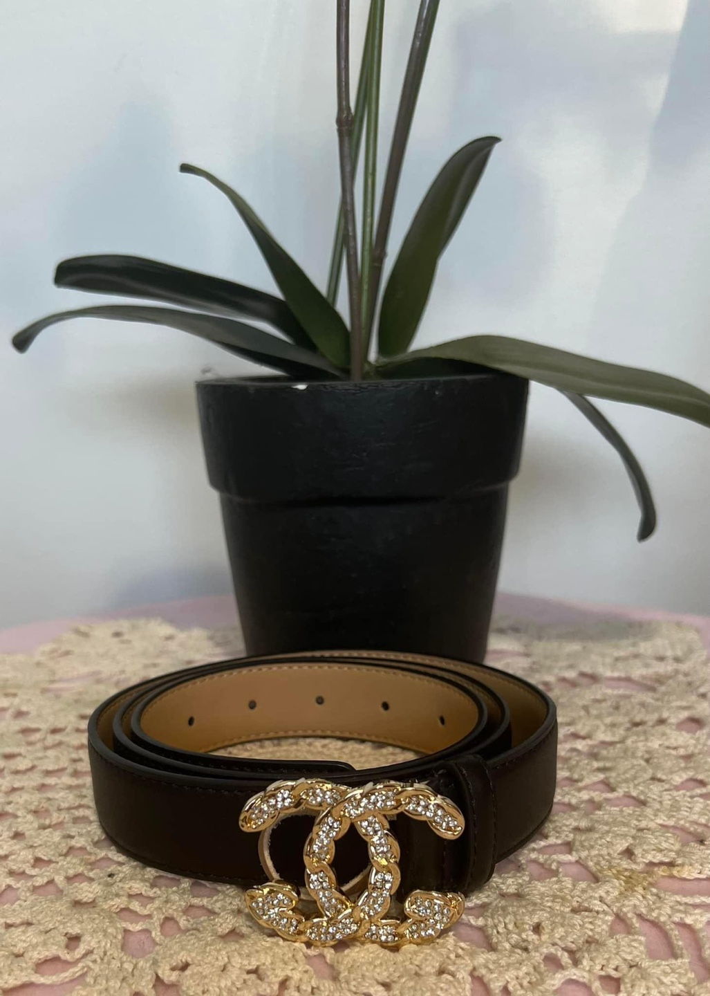 Brown Leather Belt with Crystal CC Buckle