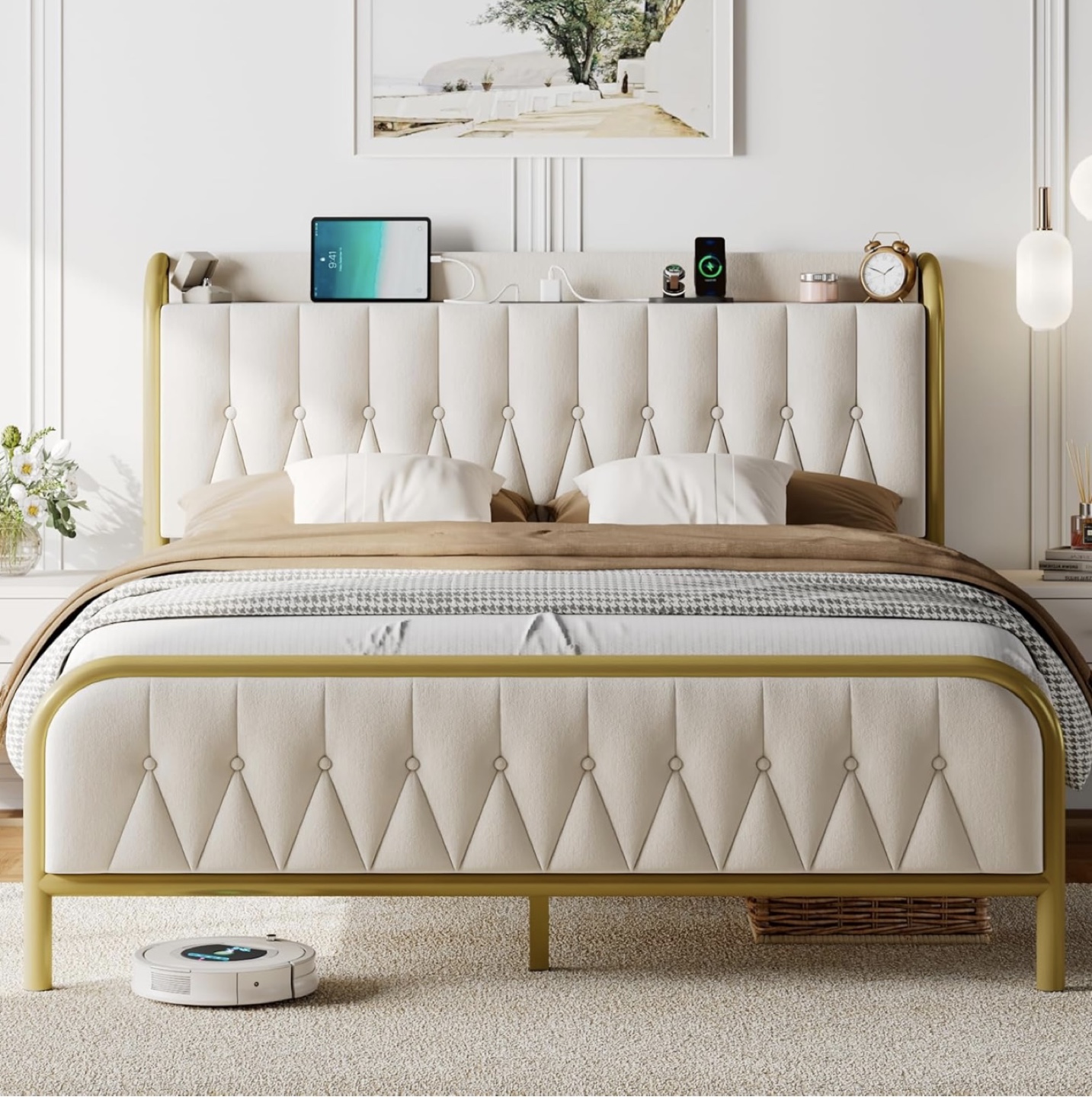 Gold Metal Bed Frame with Charging Station