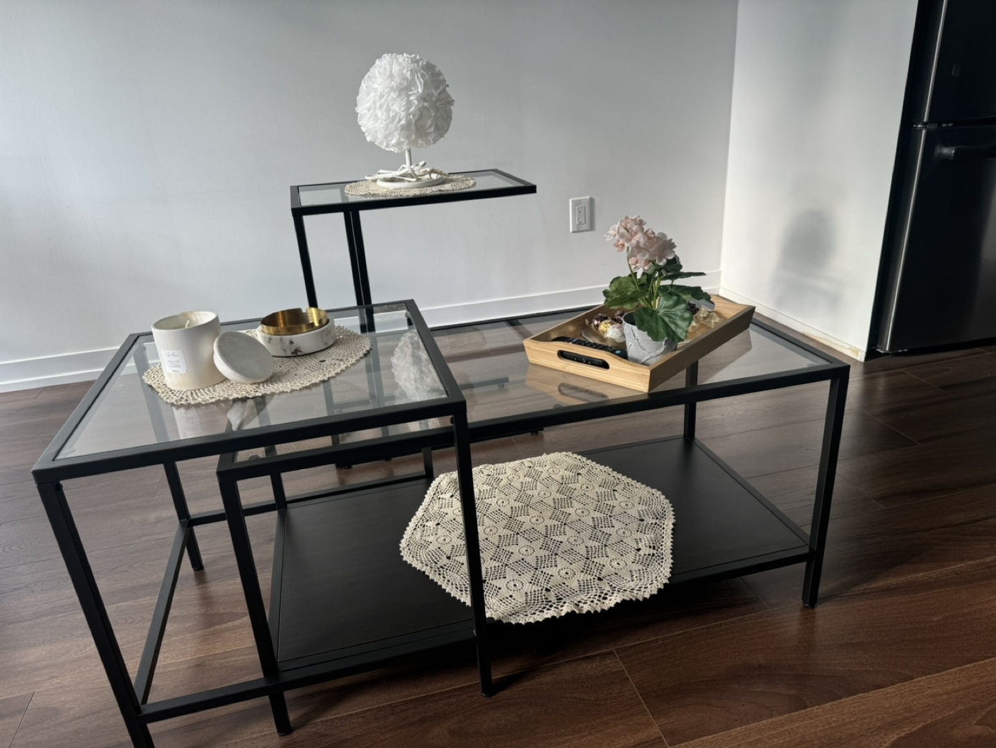 Set of 3 Black Glass Coffee Tables