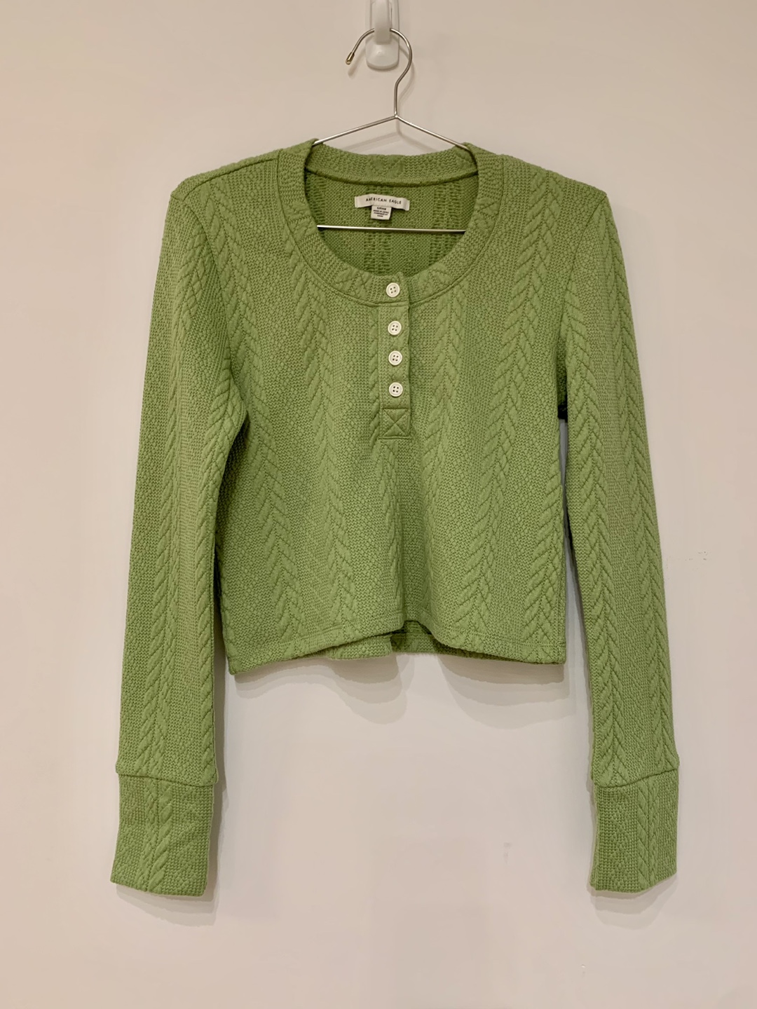 American Eagle Green Cable Knit Cropped Sweater