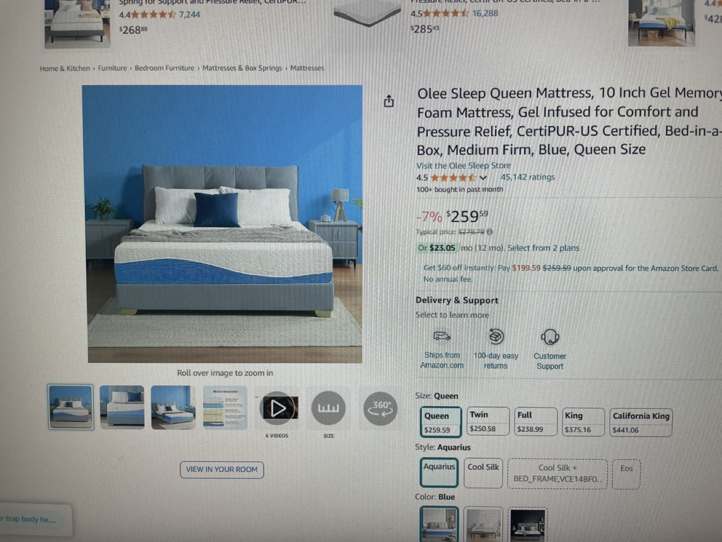 Olee Sleep Queen Mattress, 10” Gel Memory, CertiPUR-US Certified