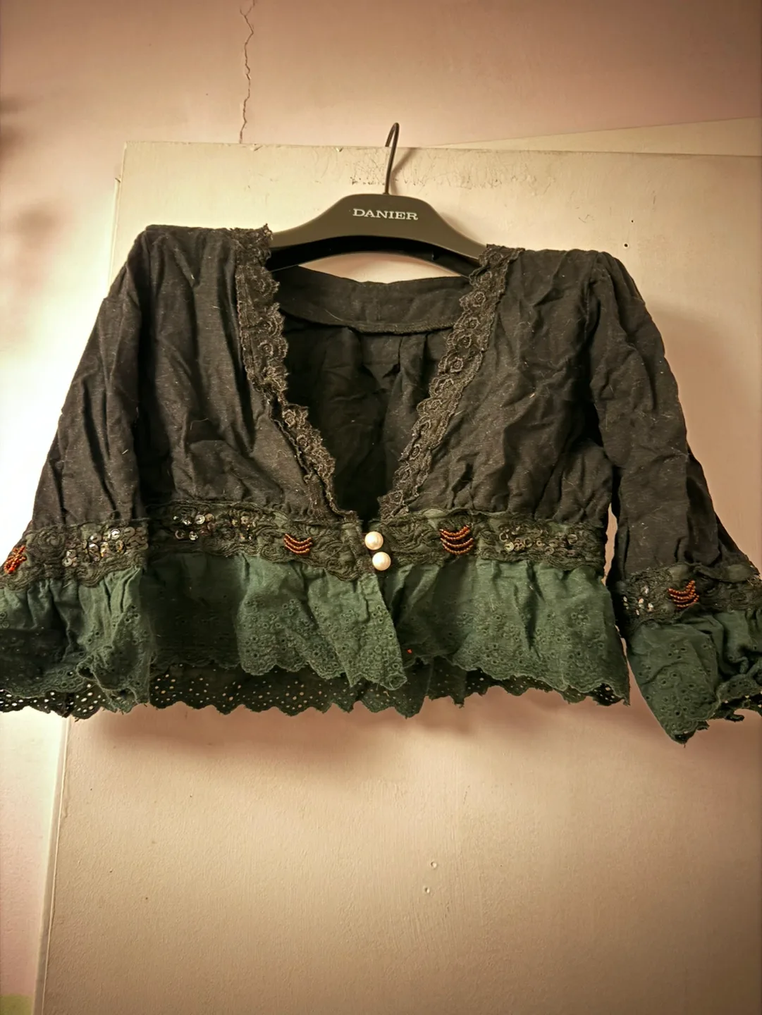 Black and green embroidered crop top thumbnail