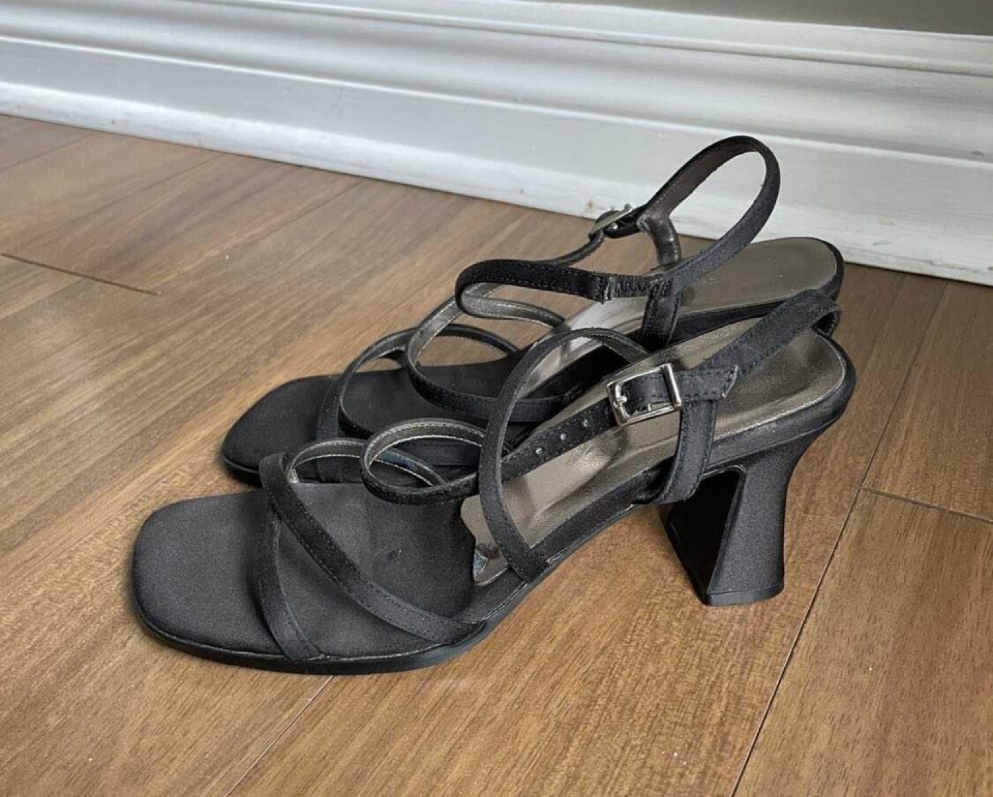 Black Satin Heeled Sandals size 5/6