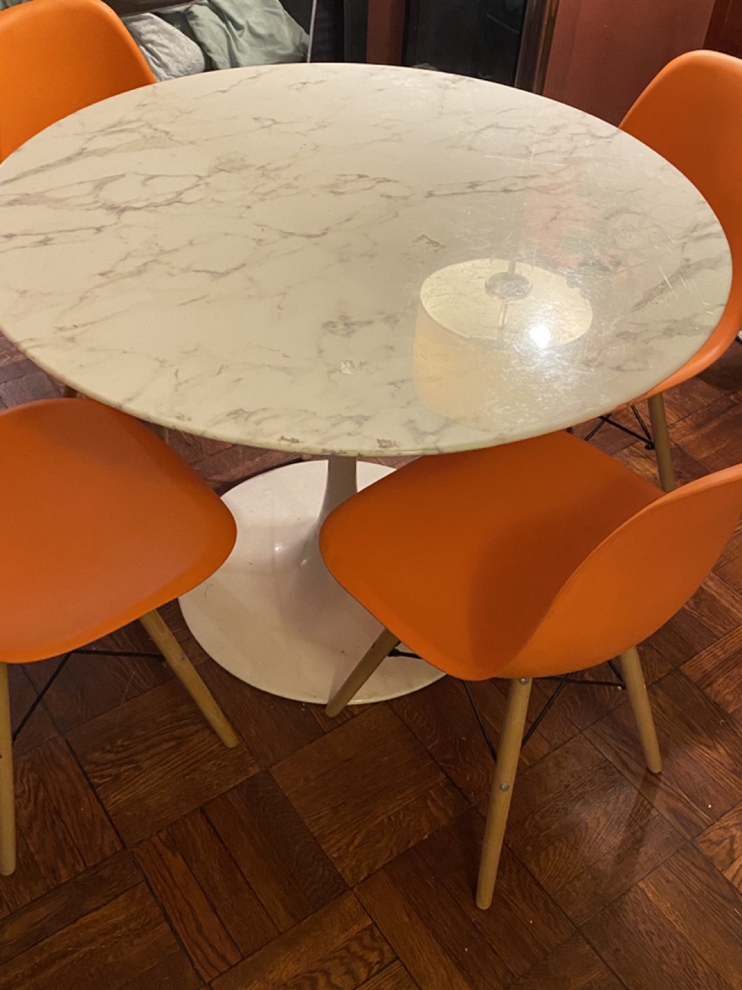 White Marble Dining Table and 4 Orange Chairs - photo 3
