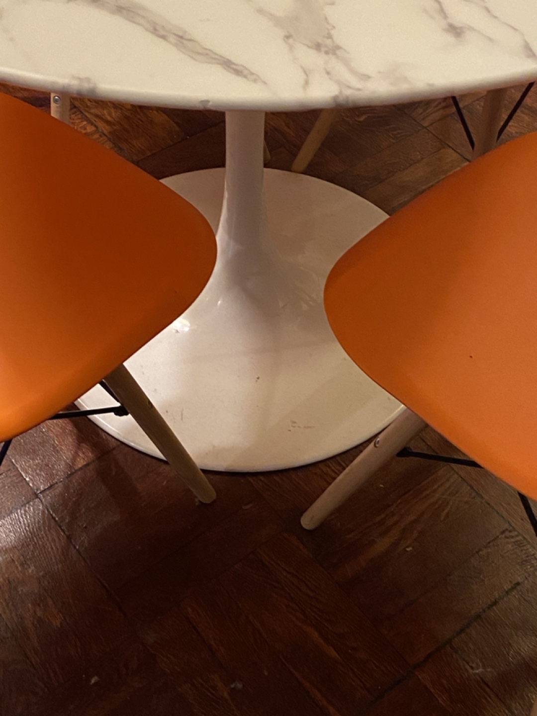 White Marble Dining Table and 4 Orange Chairs - photo 2