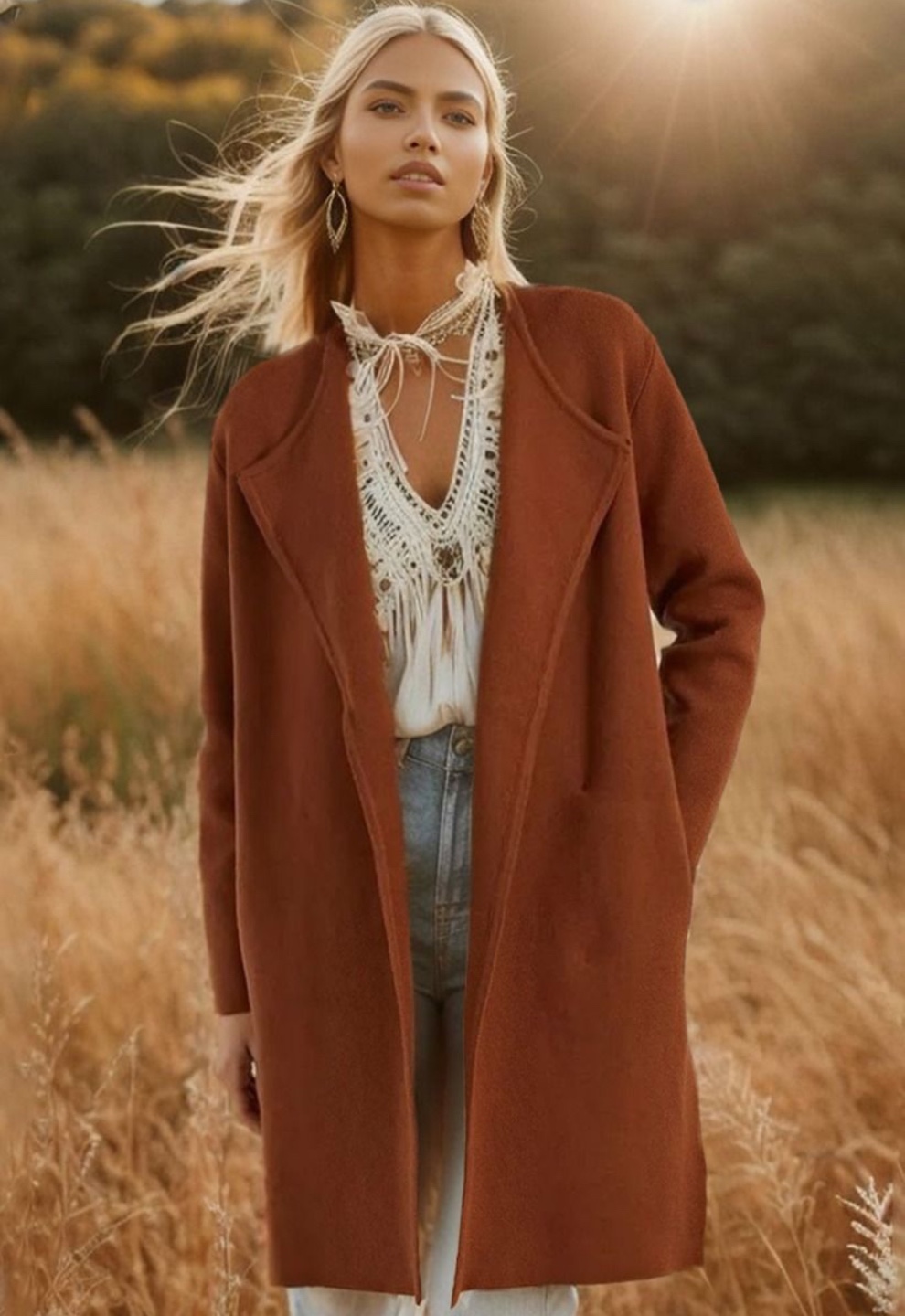 NEW! CLASSY OPEN FRONT KNIT COAT IN CARAMEL