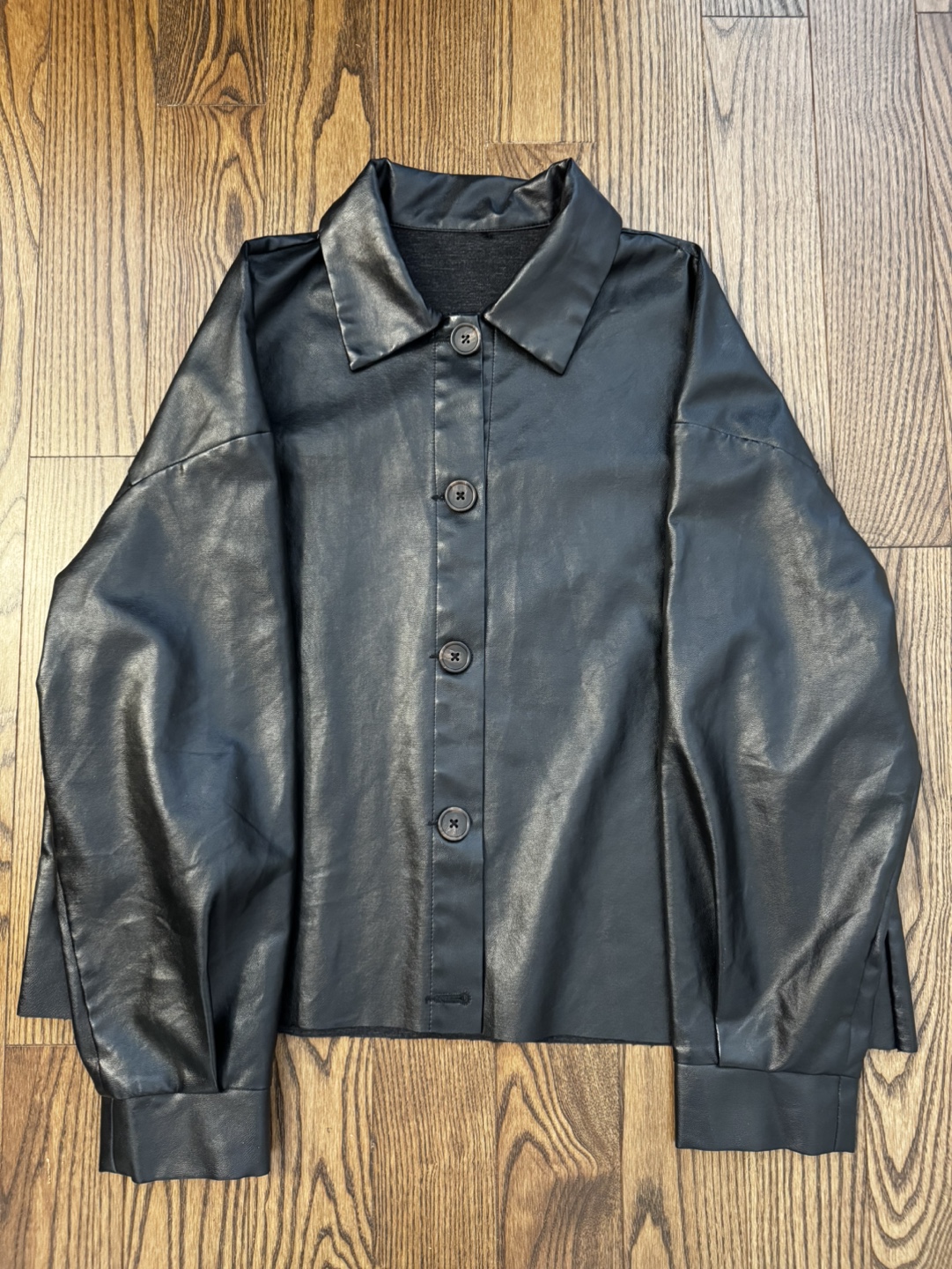 Unisex Black Faux Leather Button Up Cropped Shirt