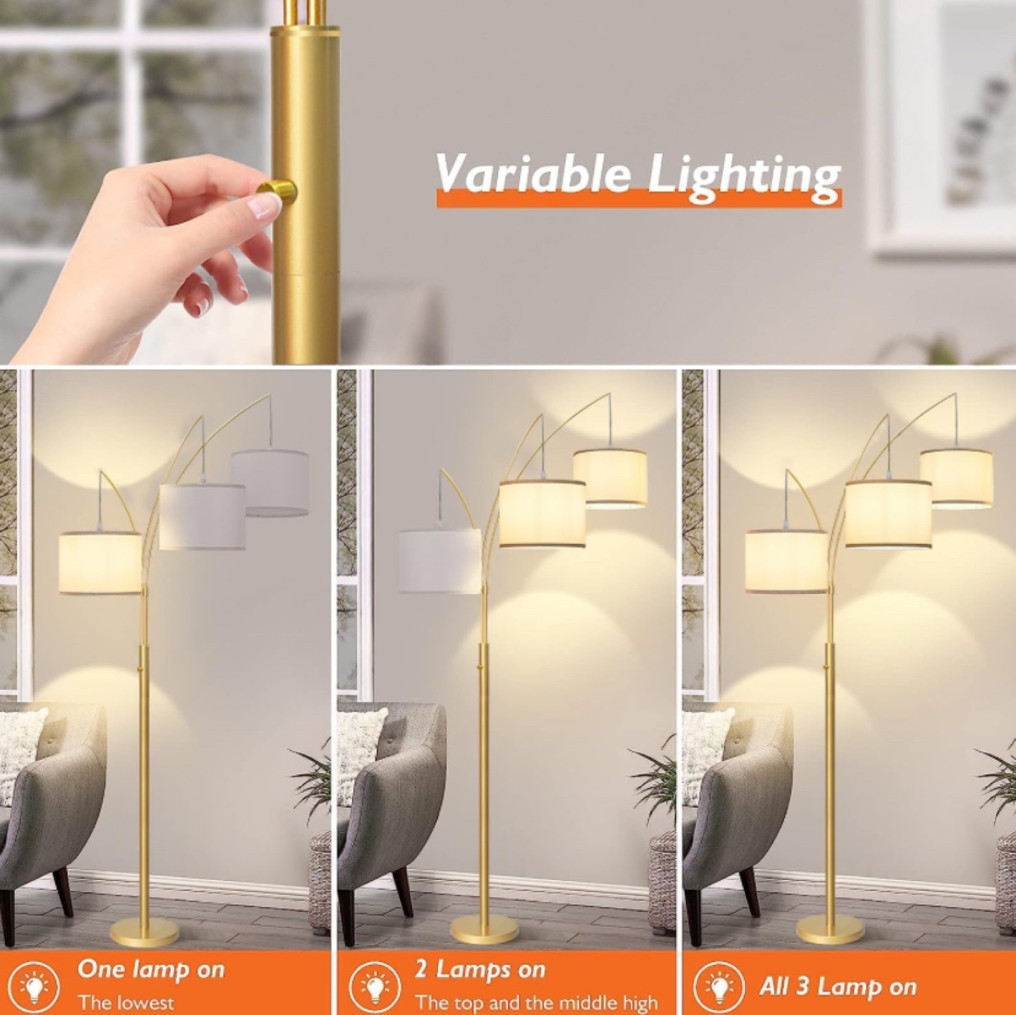 Gold 3-Light Floor Lamp with Adjustable Arms - New - photo 4
