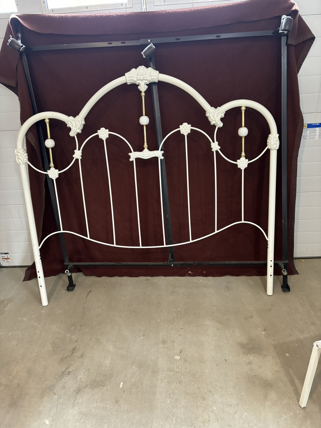 White Metal Headboard and queen bed frame.