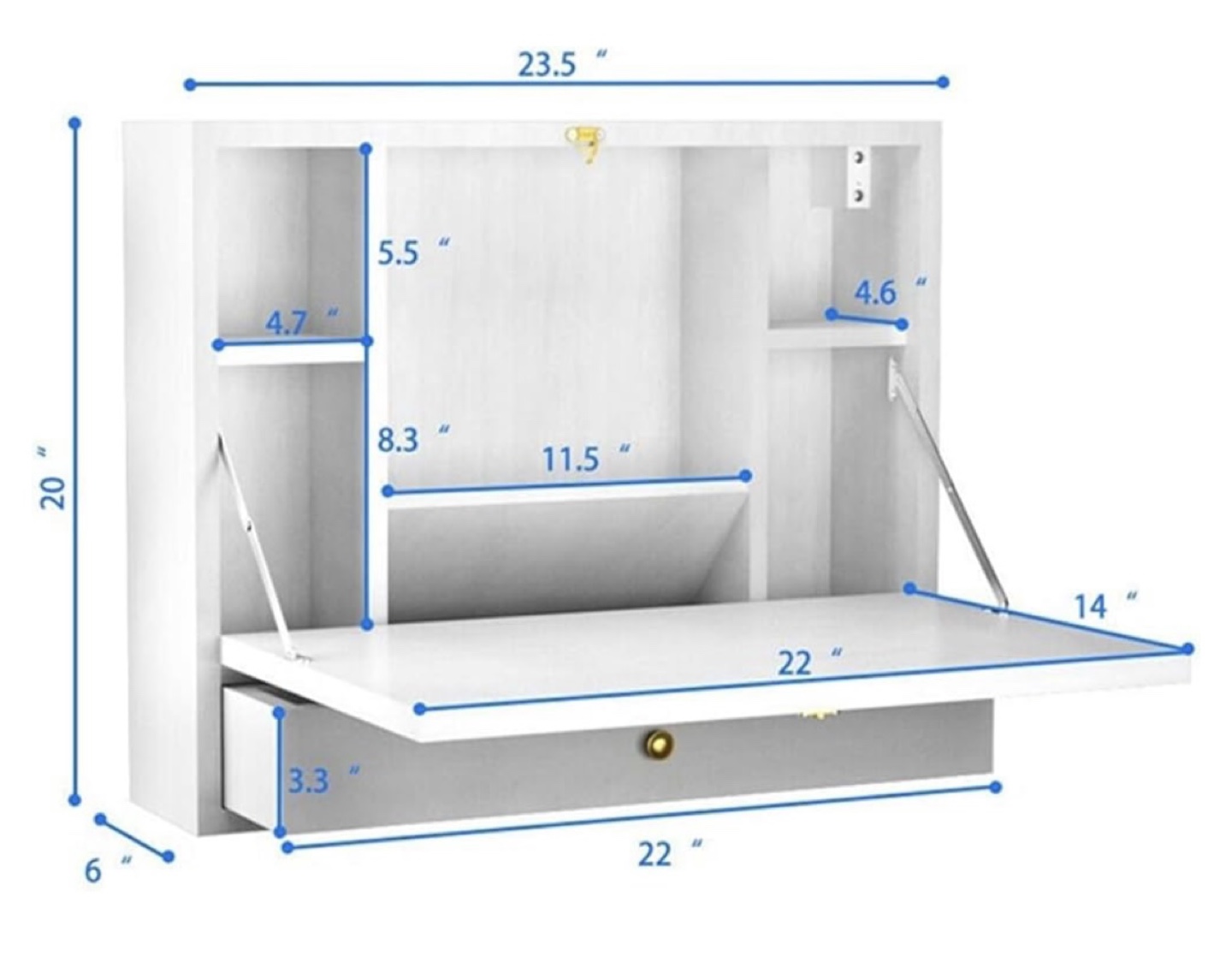 Wall Mounted Folding Desk with Storage Shelves and Drawer- White - photo 3