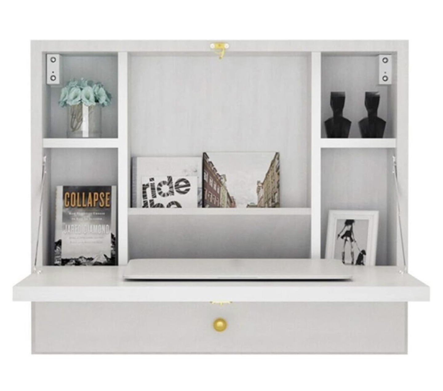 Wall Mounted Folding Desk with Storage Shelves and Drawer- White