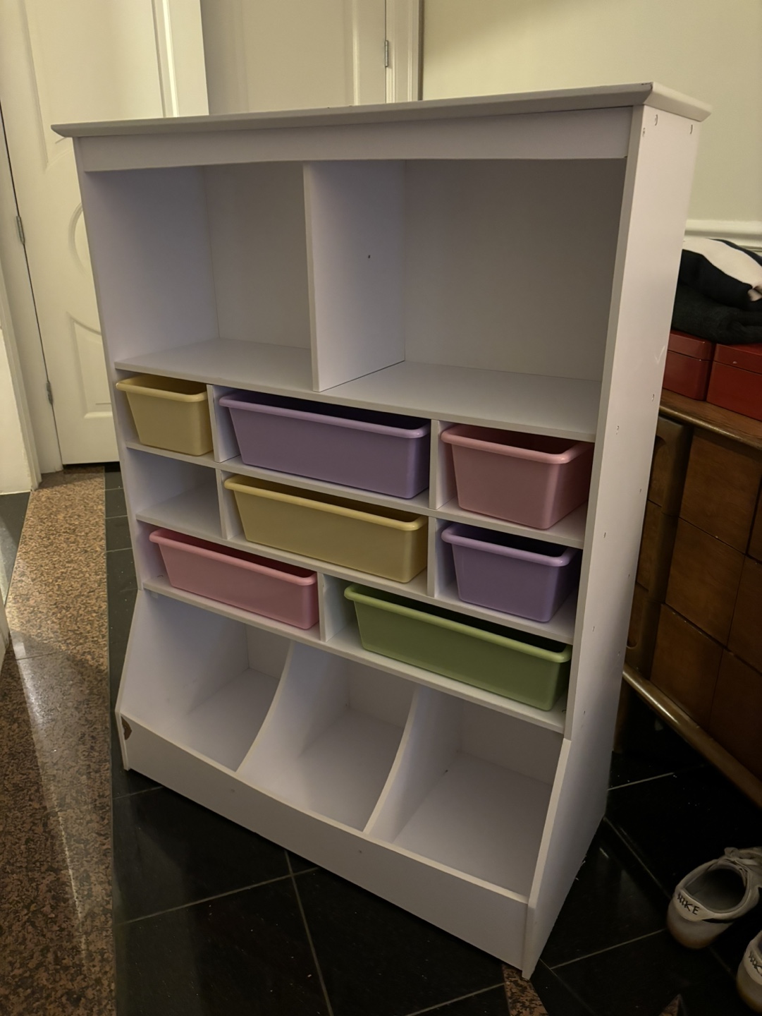 White Bookshelf with Storage Bins