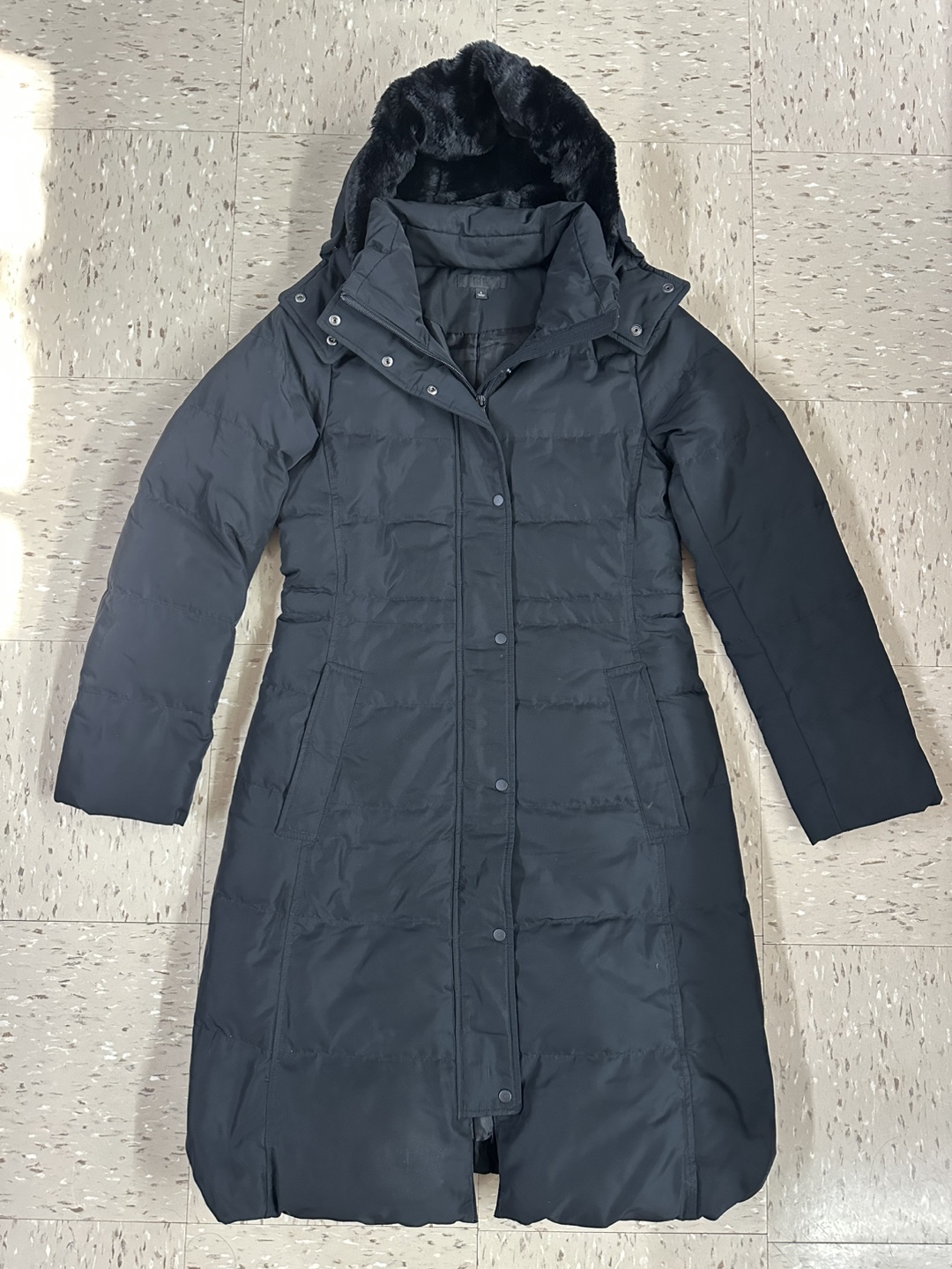 Uniqlo Black Long Down Puffer Coat w/ Faux Fur Hood