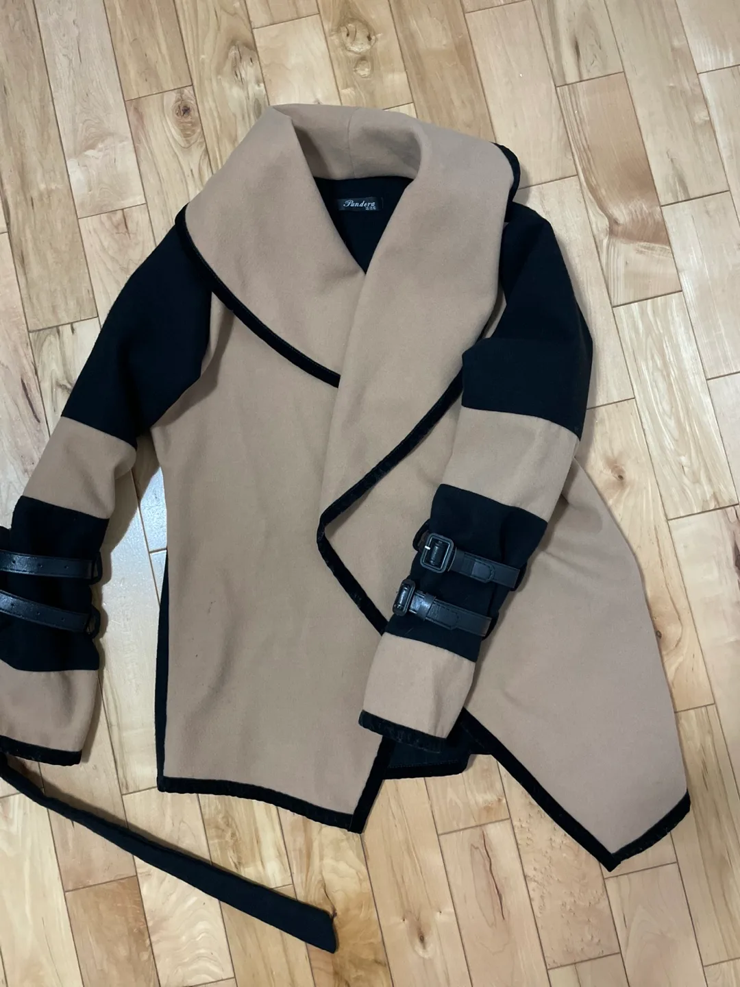 Beige and Black Wrap Jacket with Buckle Detail image indicator(2)