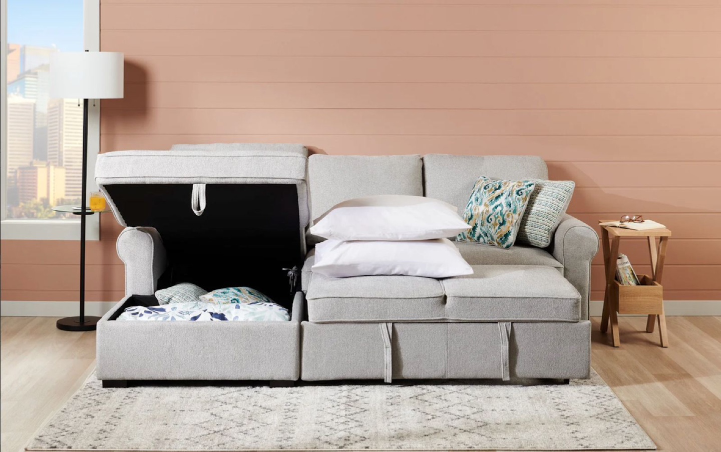 Grey sectional sofa with pull-out bed & large storage feature - photo 3