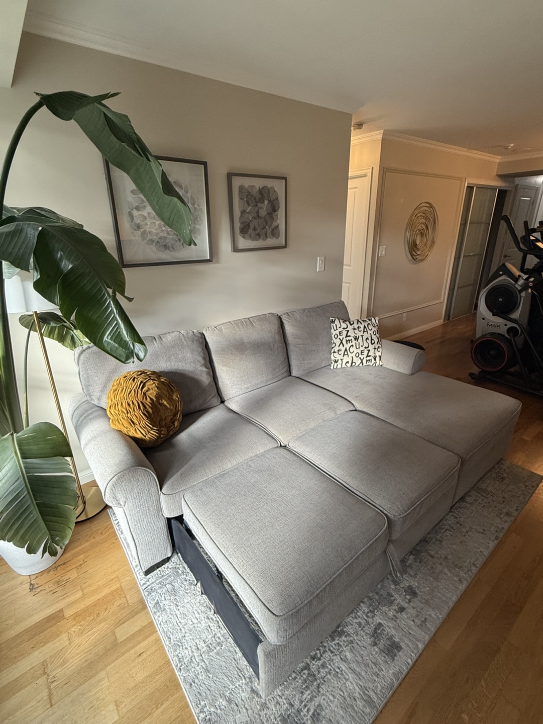 Grey sectional sofa with pull-out bed & large storage feature