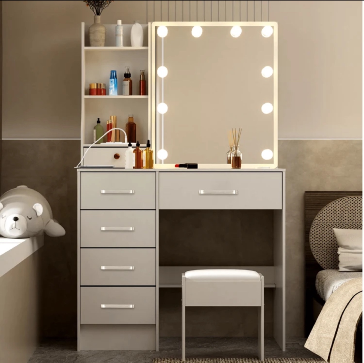 Vanity Set with Lighted Mirror Stool & outlets with usb port - photo 4
