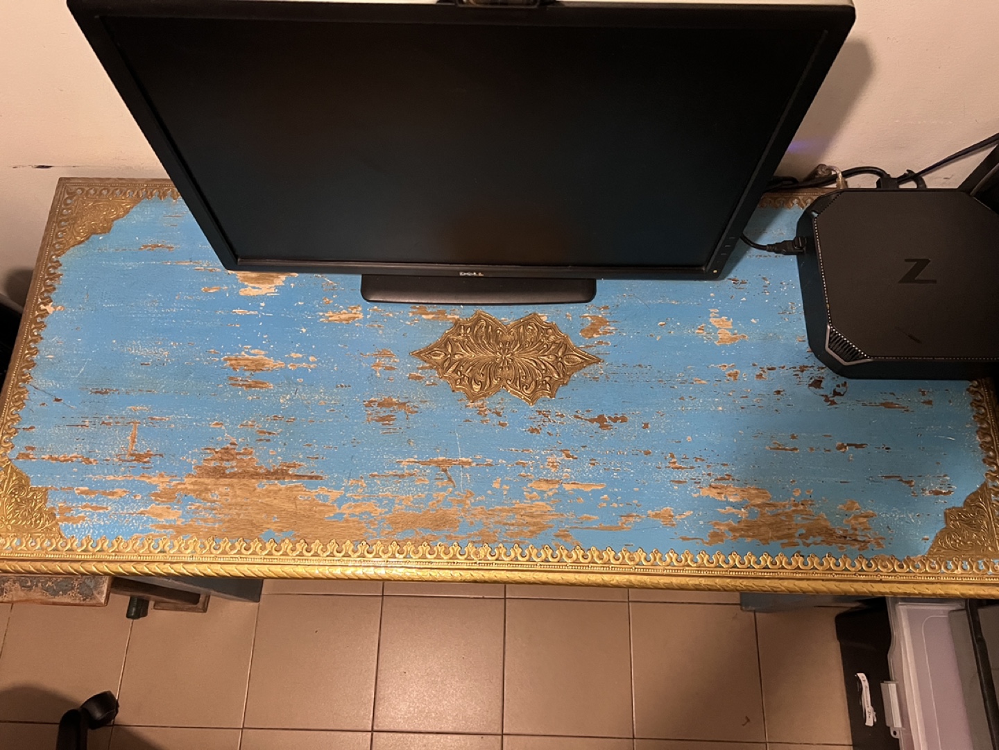 Imported Indonesian Blue Desk with Gold Accents - photo 4