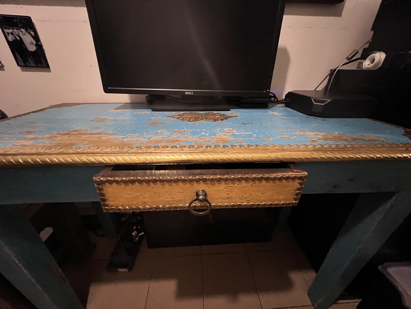 Imported Indonesian Blue Desk with Gold Accents - photo 2