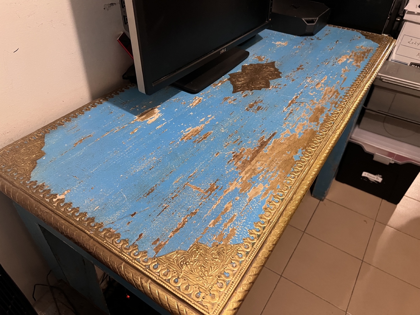 Imported Indonesian Blue Desk with Gold Accents - photo 3