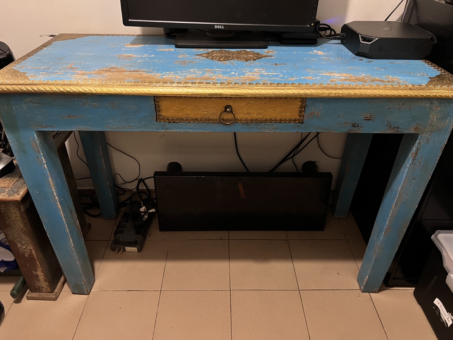 Imported Indonesian Blue Desk with Gold Accents