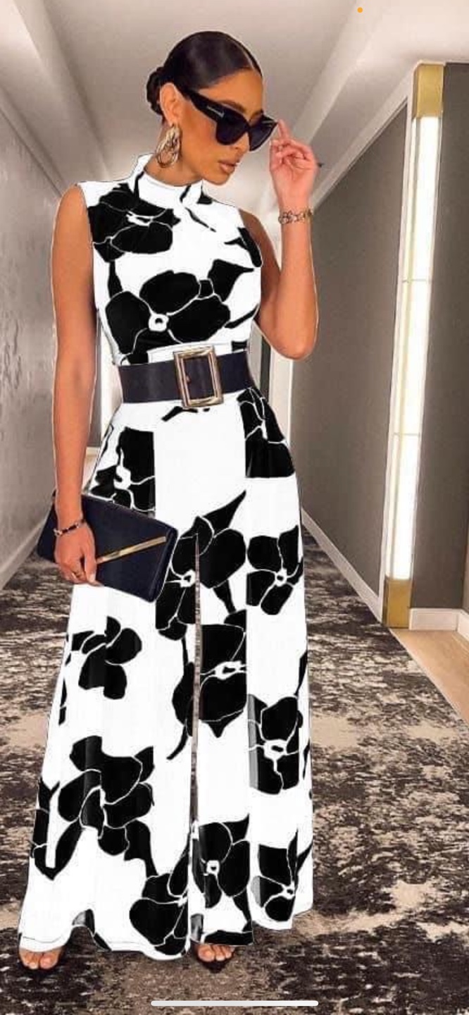 White and Black Floral Maxi jumpsuit