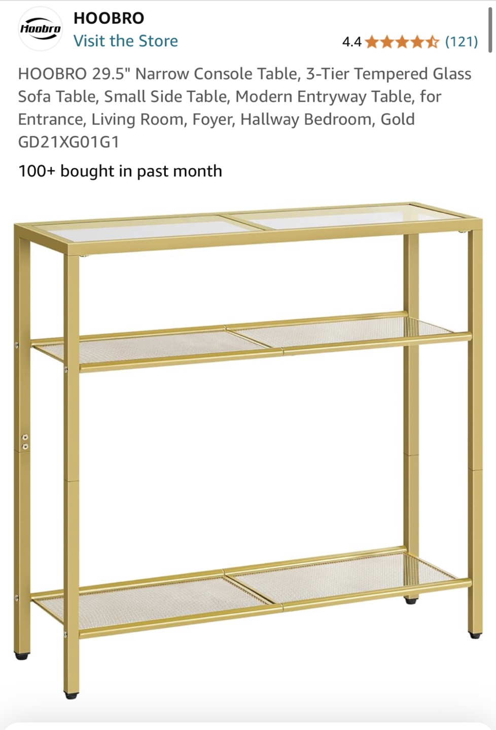 Gold Metal Console Table with Glass Shelves