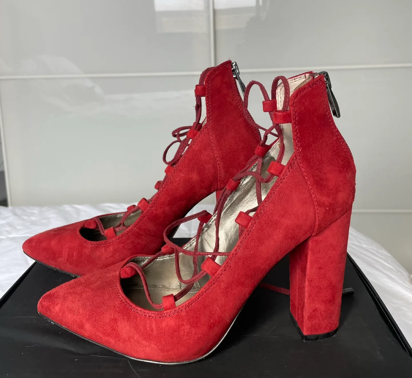 Saks Red Suede Lace-Up Heels image indicator(2)