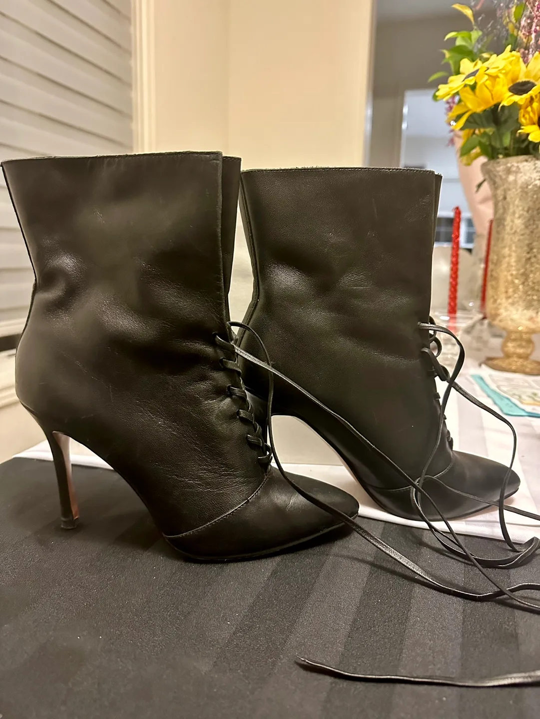 Black Leather Lace Up Booties image indicator(2)