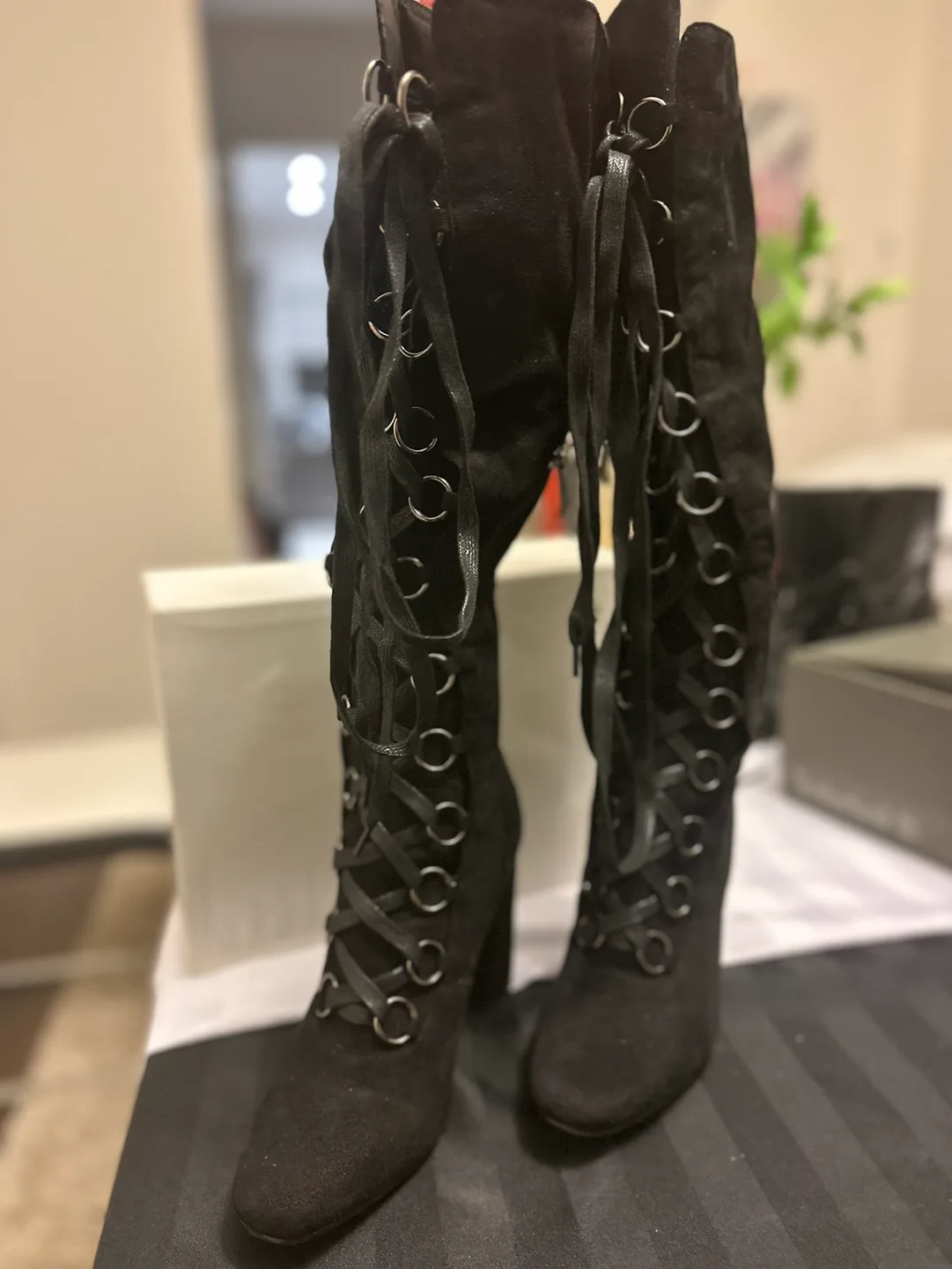 Black Knee High Lace Up Boots image indicator(2)