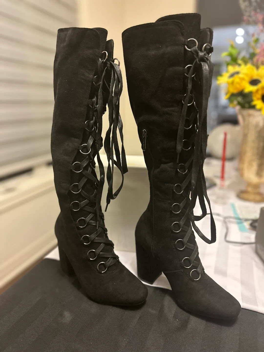 Black Knee High Lace Up Boots image indicator(3)