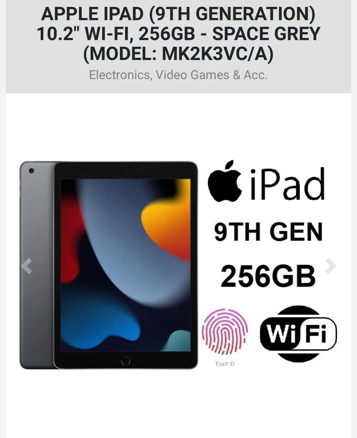 Apple iPad 9th Generation 10.2 inch Wi-Fi 256GB Space Grey thumbnail