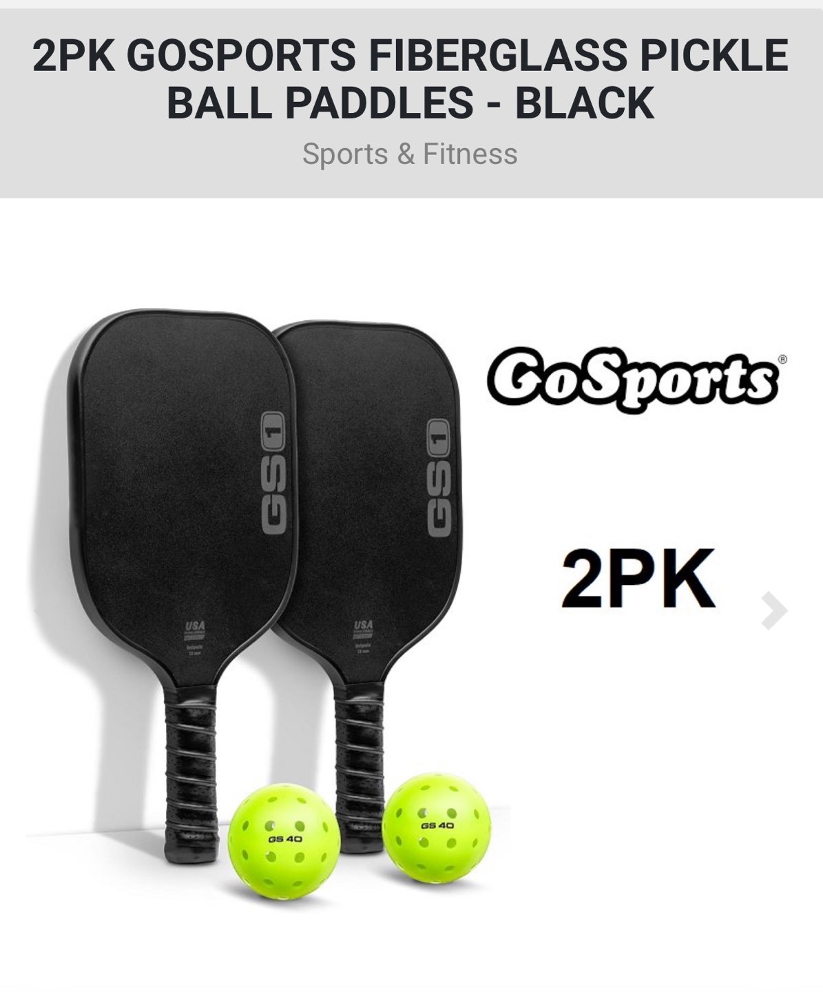 2PK GoSports Fiberglass Pickleball Paddles - Black